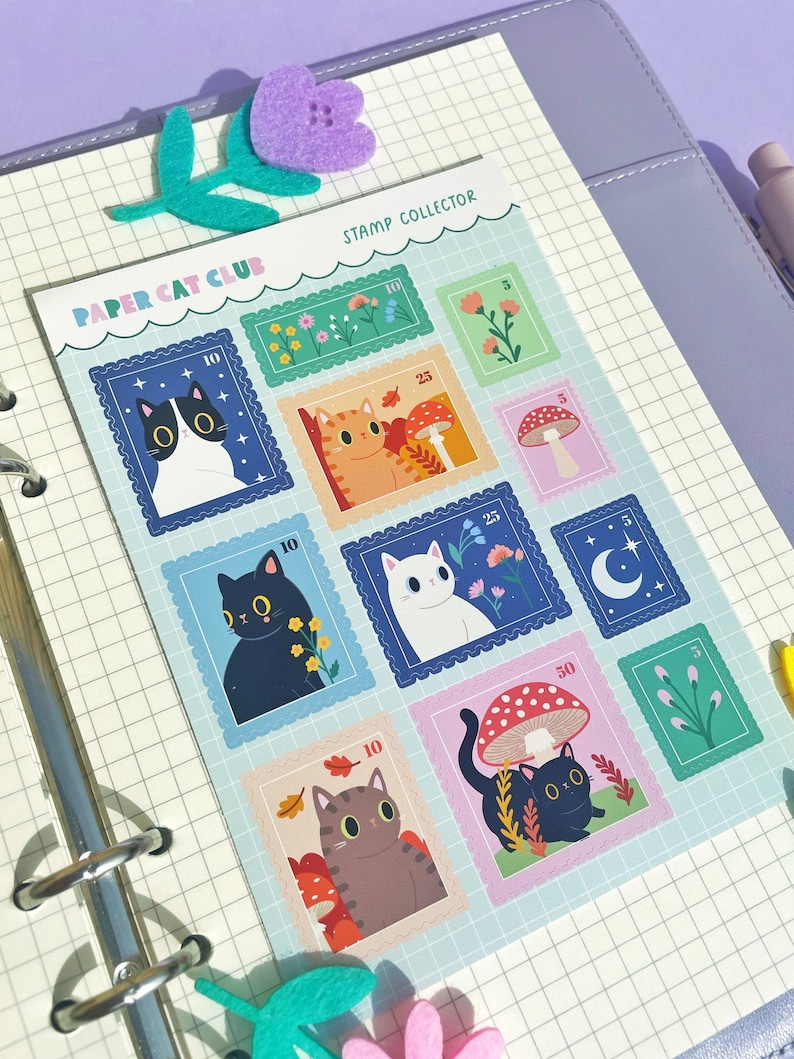 May include: A sheet of colorful paper cat club stamps with different cat illustrations and designs. The stamps feature a variety of themes, including mushrooms, flowers, and stars. The stamps are labeled with different values, such as 10, 25, and 50.