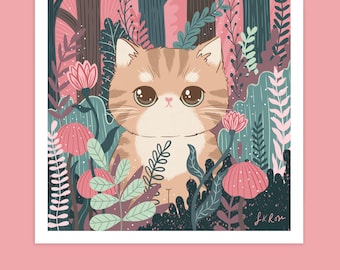 Kawaii Cat Art Print: Floral Kitty in Pink & Green Garden