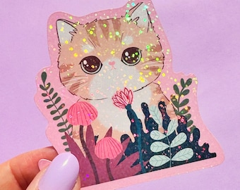 Kawaii Striped Cat Sticker: Pink Floral Kitty Vinyl Decal