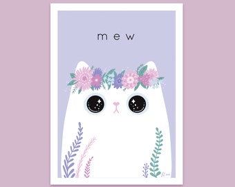 White Cat Art Print: Floral Cat Lover Gift