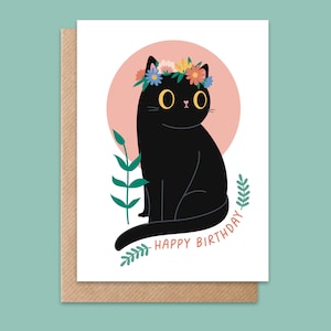 花冠のハッピーバースデー猫カード - かわいい誕生日カード - 猫好きカード - 黒猫のイラスト