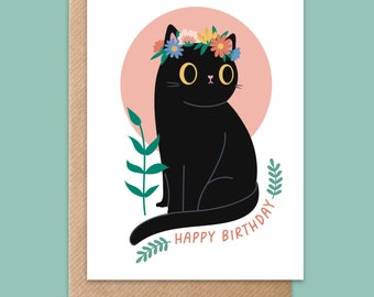 Happy Birthday Cat Card in floral crown - cute birthday card - cat lover card - black cat illustration