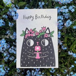 Happy birthday black cat floral crown card A6 greeting card on recycled card image 2