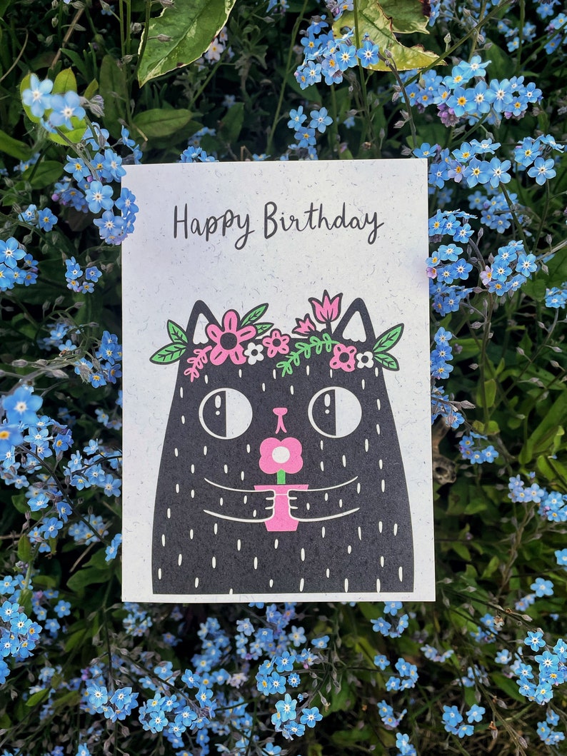 Happy birthday black cat floral crown card A6 greeting card on recycled card image 2
