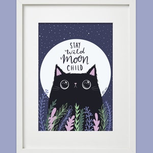 Stay wild moon child cat art print black cat lover cat and moon cat illustration image 3