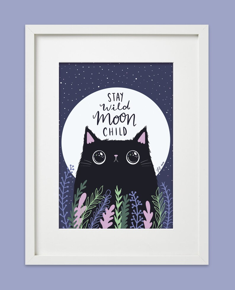 Stay wild moon child cat art print black cat lover cat and moon cat illustration image 3