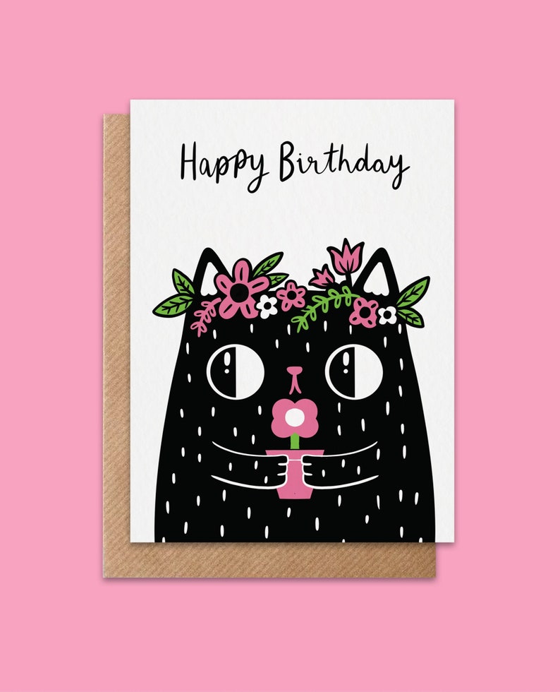 Happy birthday black cat floral crown card A6 greeting card on recycled card image 1