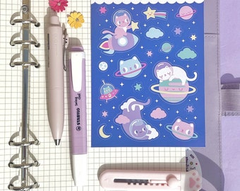Space Kitty Planer Sticker Blatt – Niedliche Weltraum Katzen Aufkleber für Journals, Planer, Scrapbooks & Bullet Journals – Kawaii Galaxy Schreibwaren