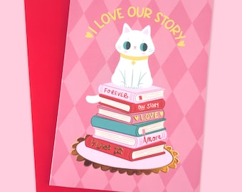 Valentine's Day cat card - book lover card with gold foil detail
