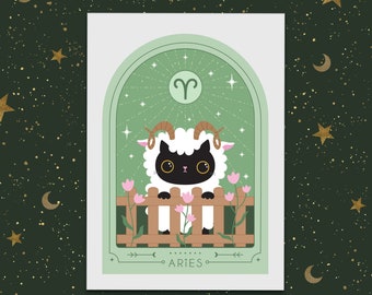 Aries Zodiac Kitty Art print cute star sign print - Astrology art