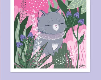 Zen Kitty Art Print: Grey Cat, Pink & Green Forest Wall Decor