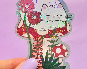Kawaii Sleeping Cat Sticker: Holographic Toadstool Autumn Decal