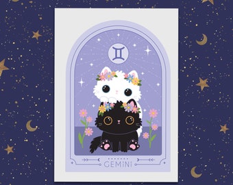 Gemini Zodiac Kitty Art print cute star sign print - Astrology art
