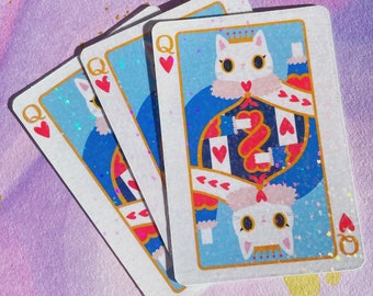 Queen of Hearts Cat playing card sparkle sticker, kawaii stickers, cat vinyl sticker, cat laptop decal