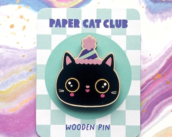 Cat Birthday badge wooden pin Black Cat in party hat sustainable wood pin badge