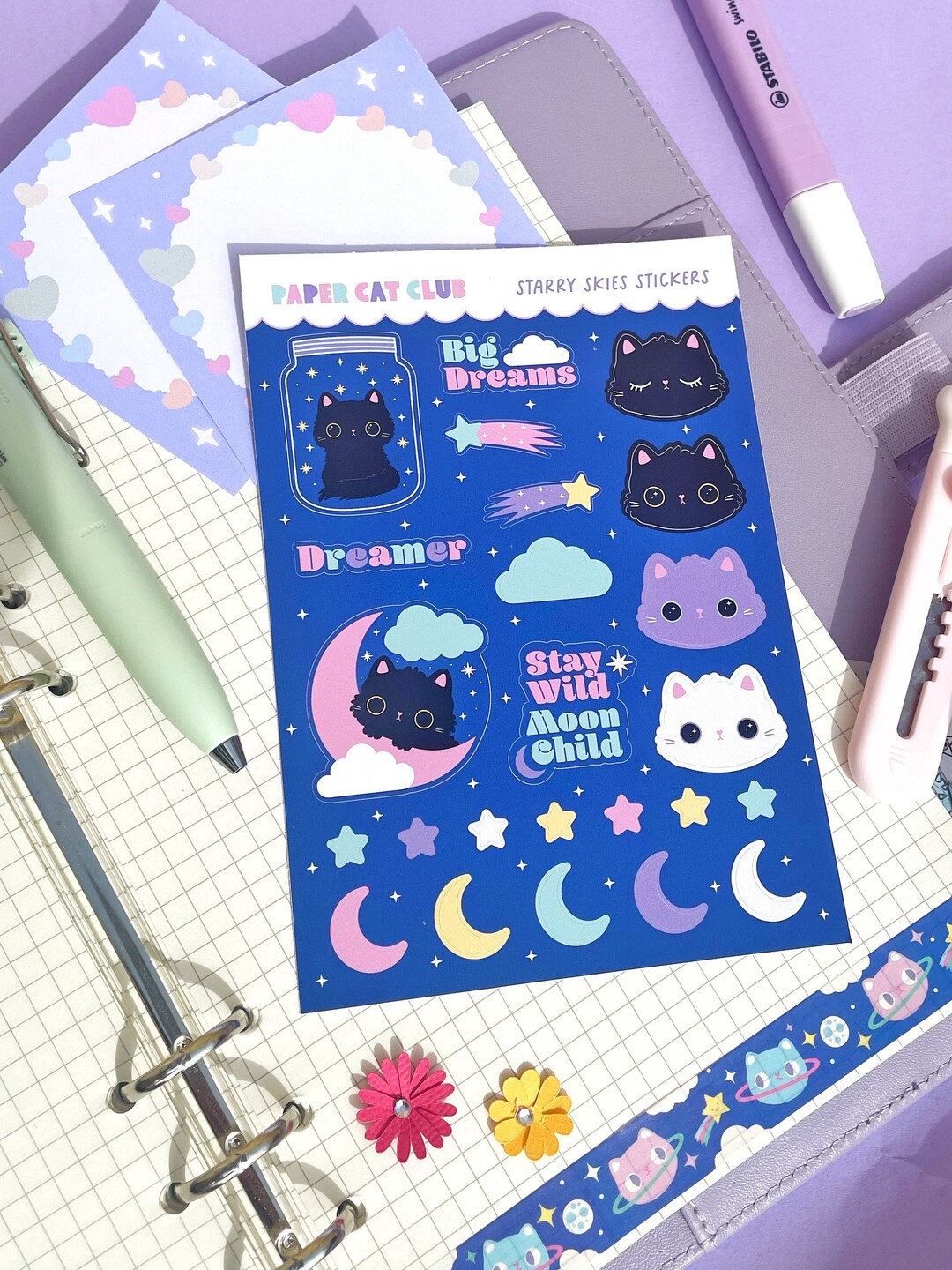 Starry Skies Stickers - Cute and Kawaii Journal Cat Stickers - Dream ...