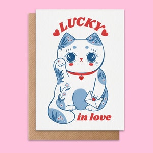 Carte de Saint-Valentin porte-bonheur : mignon cadeau chat porte-bonheur kawaii, parfait pour les amoureux des chats, respectueux de l'environnement, vierge à l'intérieur