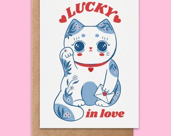 Cat Valentine card - cute lucky cat valentines day card
