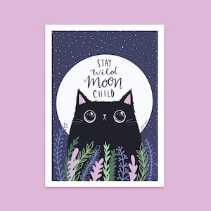 Stay wild moon child cat art print black cat lover cat and moon cat illustration image 1