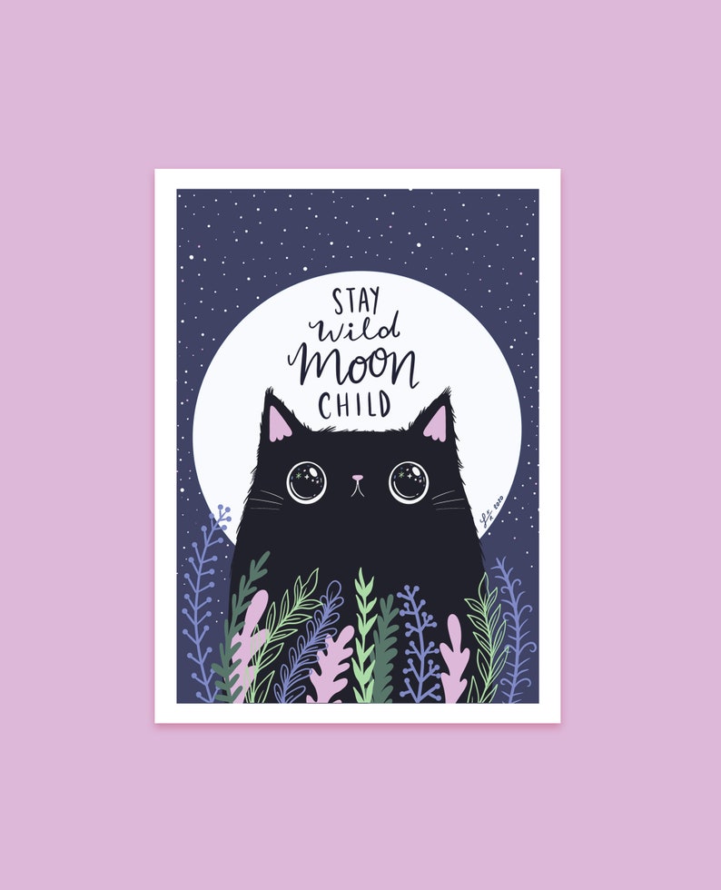 Stay wild moon child cat art print black cat lover cat and moon cat illustration image 1