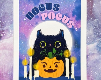 Hocus Pocus halloween cat art print - black cat lover - halloween art - cat illustration - kawaii art print