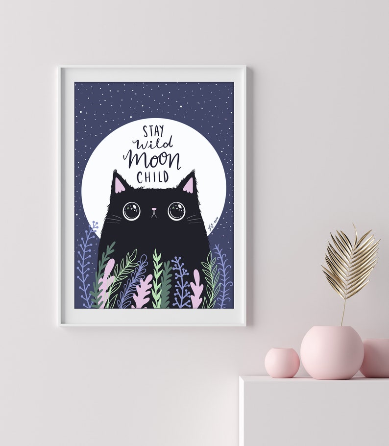 Stay wild moon child cat art print black cat lover cat and moon cat illustration image 2