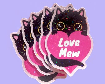 Love Mew sparkle sticker, kawaii stickers, cute love vinyl sticker,  cat laptop decal