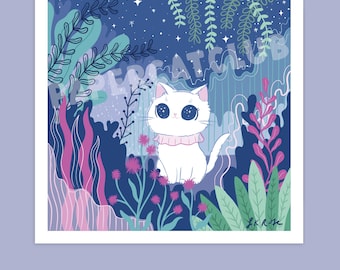 White Cat Stargazer Art Print: Enchanted Forest Celestial Decor