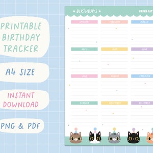 Cute Cat birthday Tracker Printable  - download and print