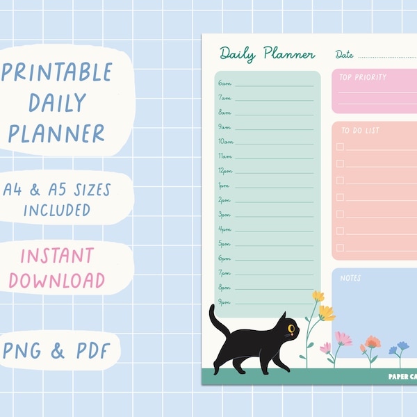 Super Cute Daily Planner printable - flower and cat theme - download and print