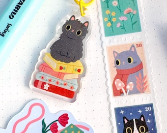 Cute Cat & Books Planner Charm – Sparkly Double Sided Black Cat /White Cat Journal charm