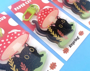 Sparkly Autumn Cat Toadstool Fall Acyrlic kawaii keychain keyring