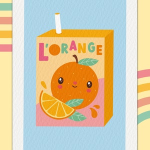 May include: A cartoon illustration of an orange juice carton with a smiling orange on the front. The carton is yellow and pink with the text "L'ORANGE" in colorful letters.