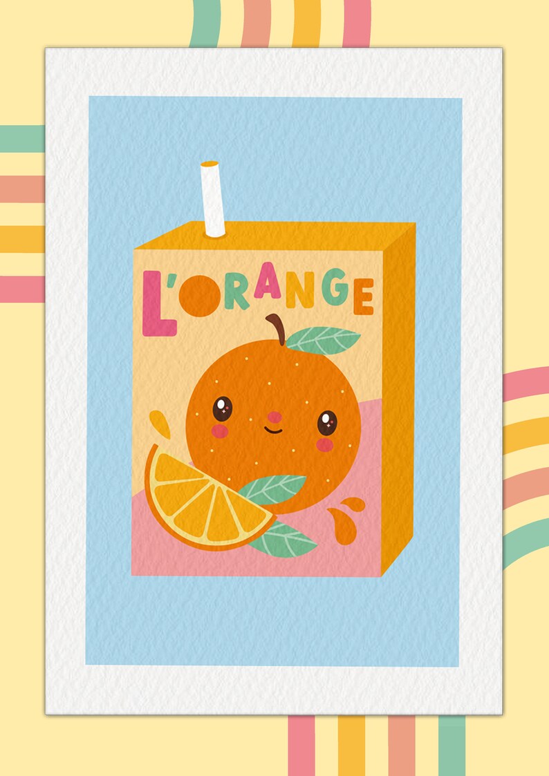 May include: A cartoon illustration of an orange juice carton with a smiling orange on the front. The carton is yellow and pink with the text "L'ORANGE" in colorful letters.
