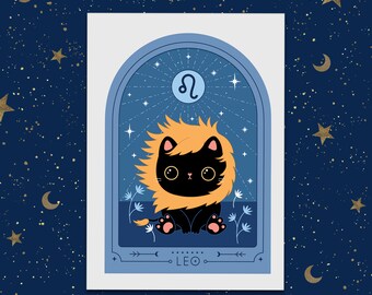 Leo Zodiac Kitty Art print cute star sign print - Astrology art