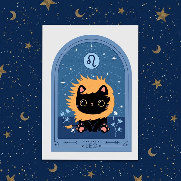 Leo Zodiac Kitty Art print cute star sign print - Astrology art