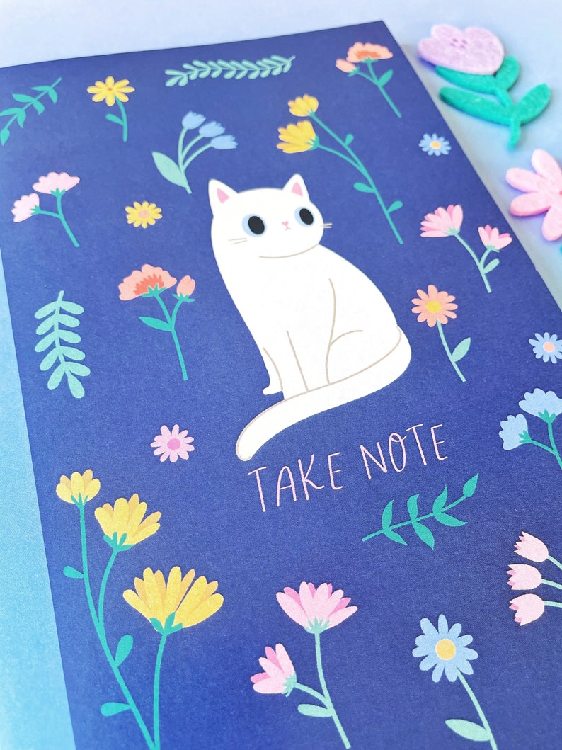 Wildflower White Cat Notebook beautiful springtime stationery recycled eco friendly paper image 1