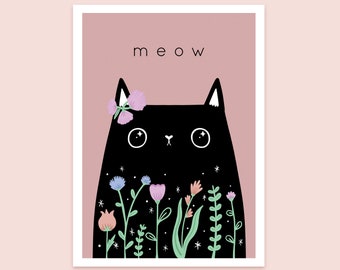 Cat with flowers pink Meow art print A5 and A4 original illustration