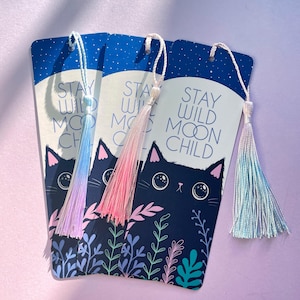 Stay Wild Moon Child Cat Bookmark – Witchy Gift for Cat Lovers, Ombre Tassel, Cute Book Accessory