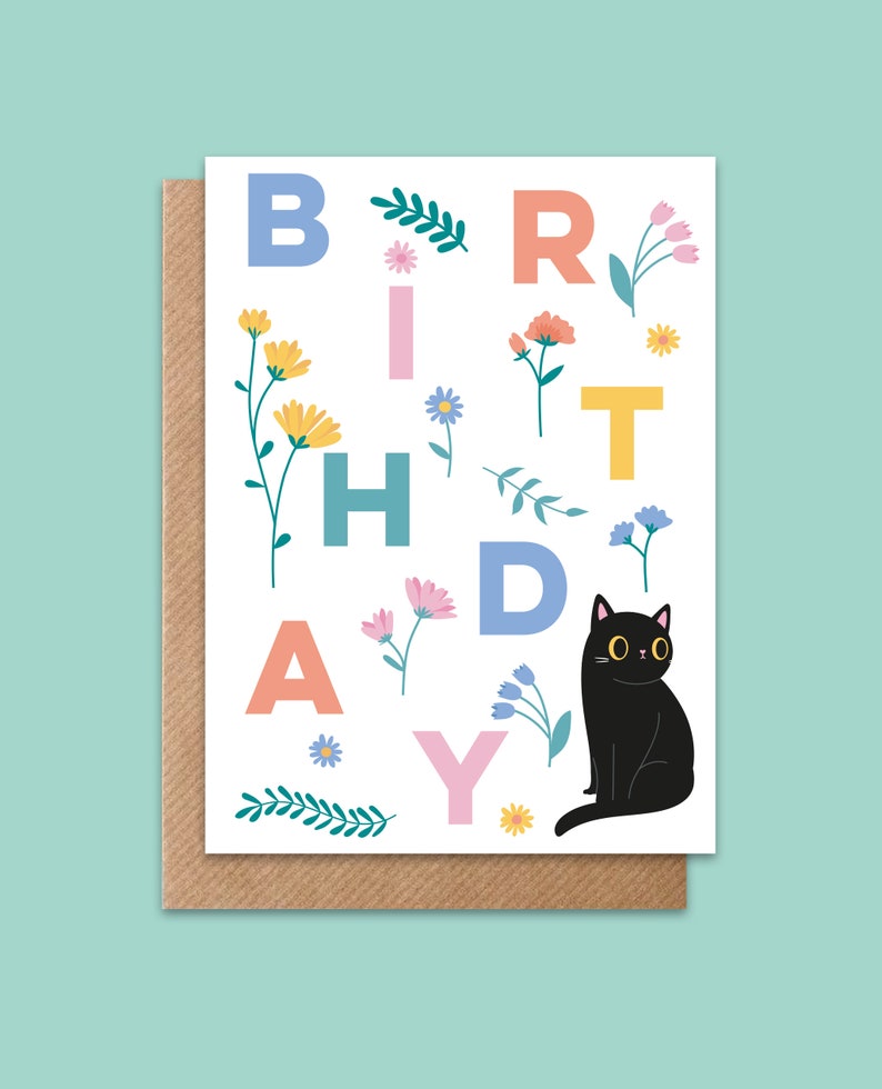 Happy Birthday Cat Card cute birthday card cat lover card black cat illustration image 1
