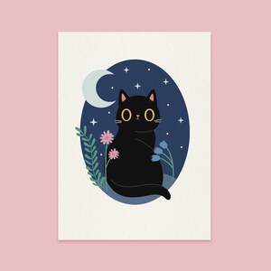 Personalised Cat Art Print Choose your cat A5 size Night time style Black Cat
