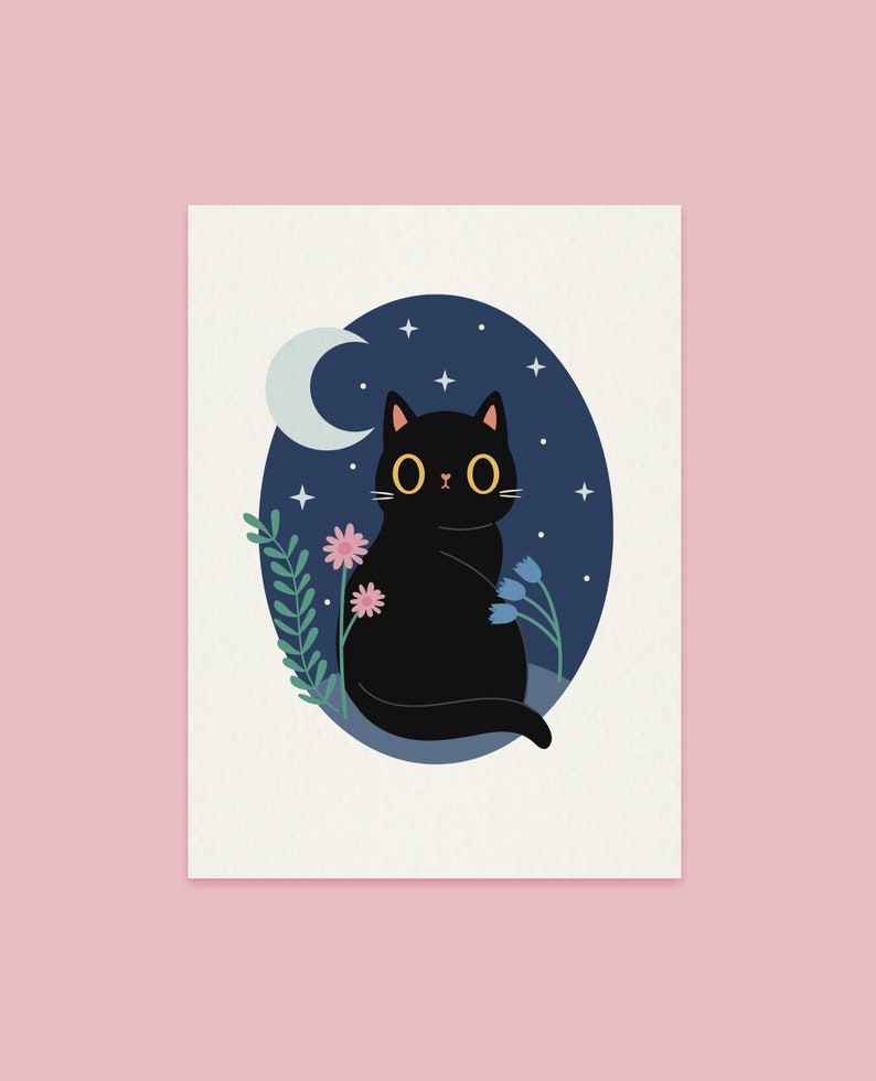 Personalised Cat Art Print Choose your cat A5 size Night time style Black Cat