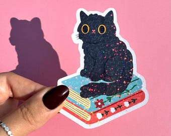 Sparkly Bookish Cat Vinyl Sticker - 2 Designs