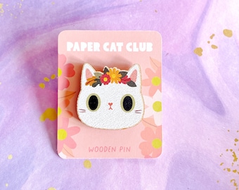 White Cat wooden pin badge - cute can wooden pin - sustainable wood - eco gift - cat lover gift