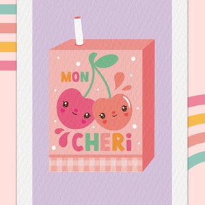 May include: A pink and white juice box with a straw sticking out of the top. The juice box has a cartoon image of two cherries with faces on them. The text "MON CHERI" is printed on the front of the box.