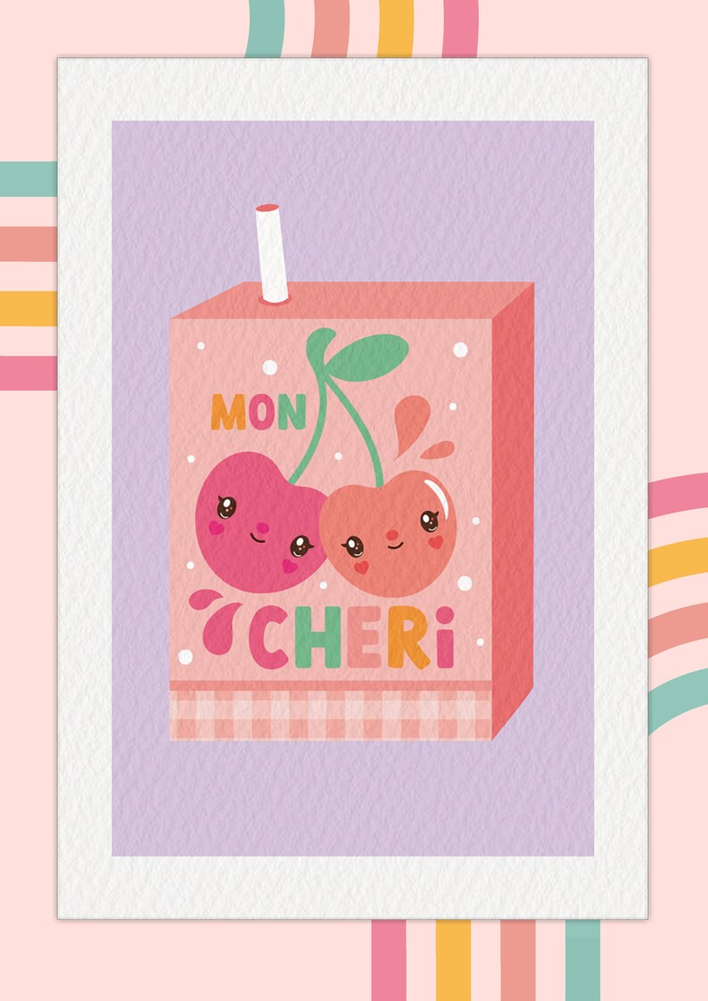 May include: A pink and white juice box with a straw sticking out of the top. The juice box has a cartoon image of two cherries with faces on them. The text "MON CHERI" is printed on the front of the box.