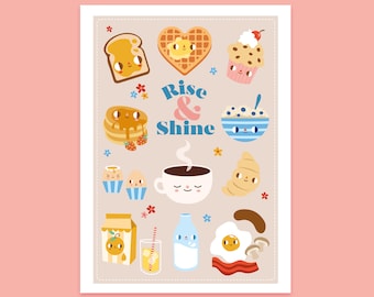 Rise and Shine breakfast art print - A4 or A5 kawaii illustration
