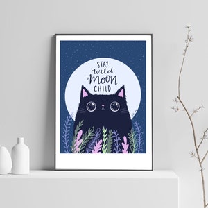 Stay wild moon child cat art print black cat lover cat and moon cat illustration image 5