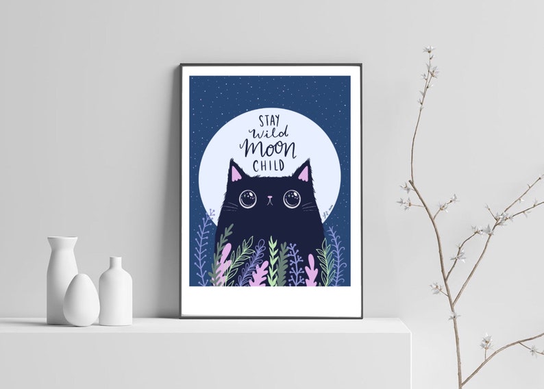 Stay wild moon child cat art print black cat lover cat and moon cat illustration image 5