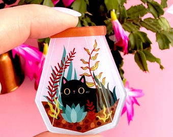 Black Cat Terrarium Brooch: Kawaii Acrylic Pin, Cat Lover Gift